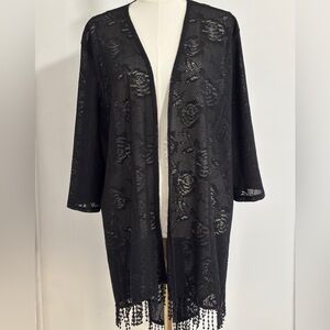 Espresso Black Floral Lace Kimono Coverup with Tassel High Low Hem 2X. SKU 20